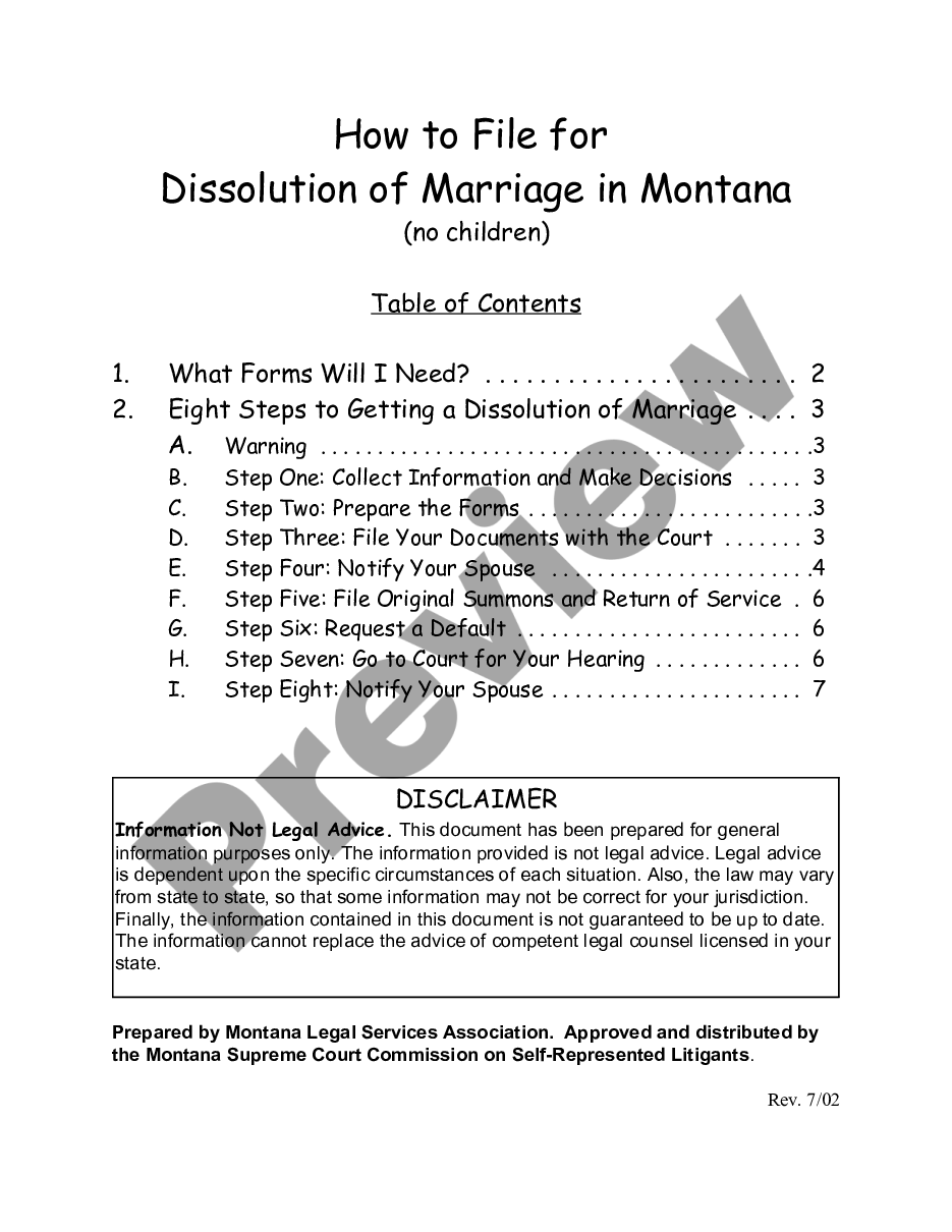 page 0 Instruction for Divorce with no Children - Montana preview