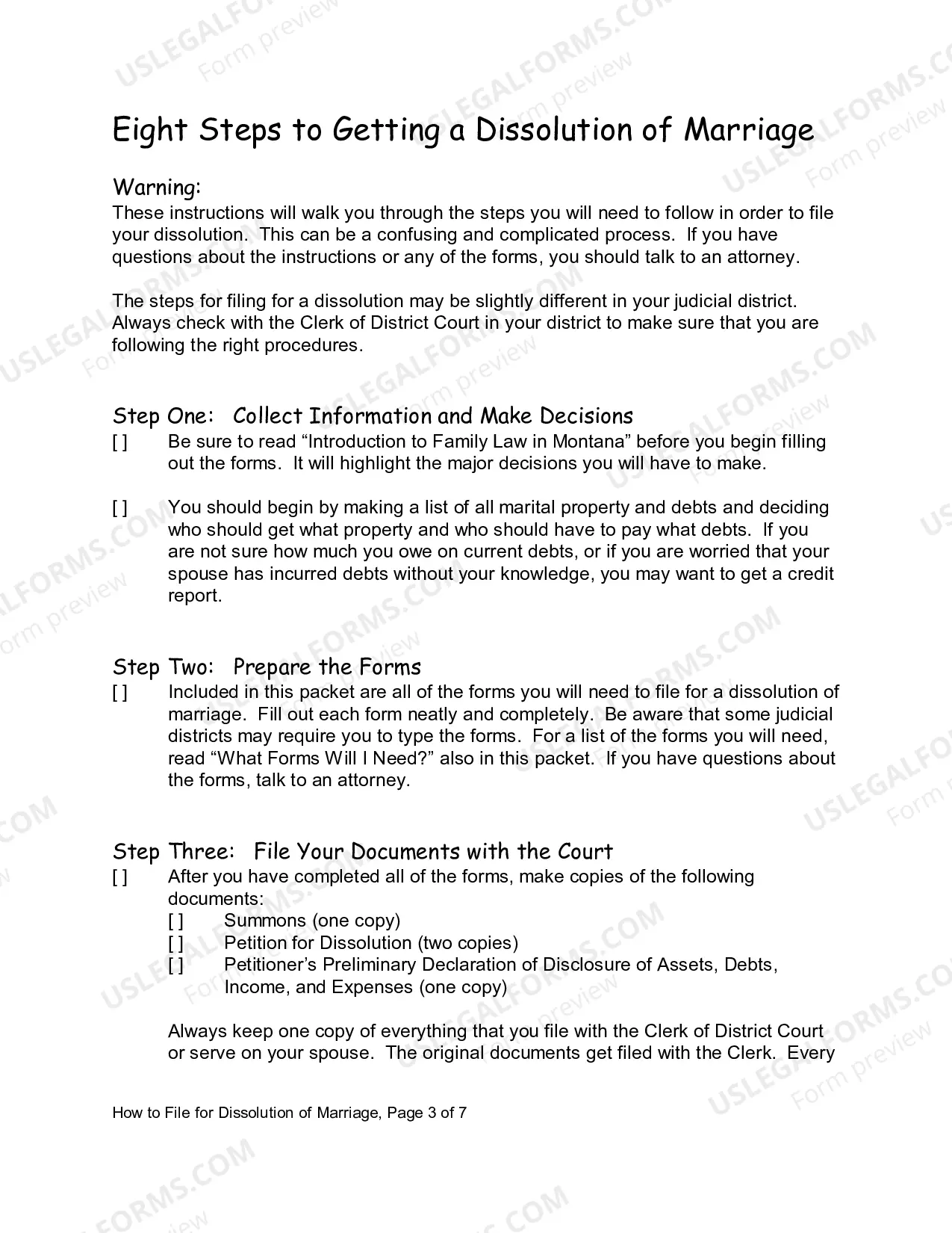 Preview Instruction for Divorce with no Children