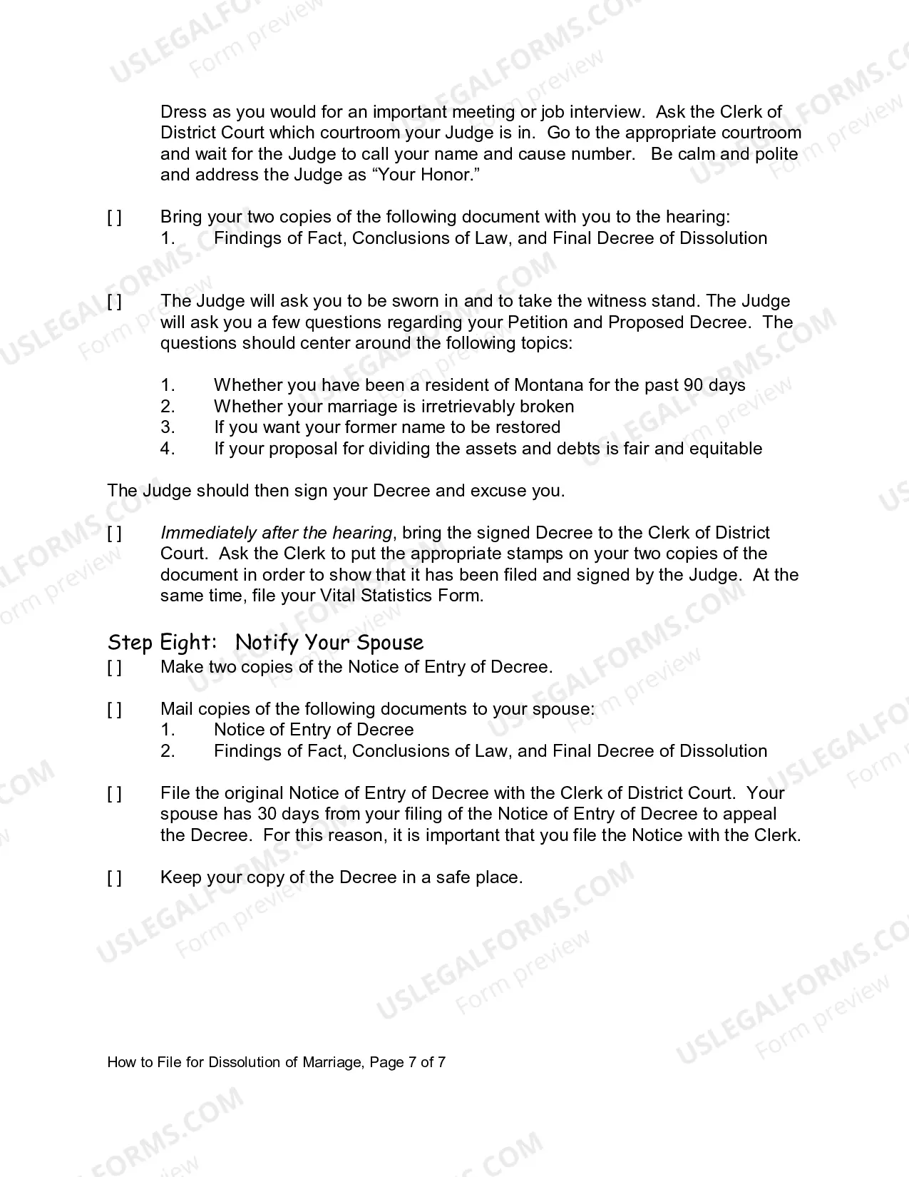 Preview Instruction for Divorce with no Children