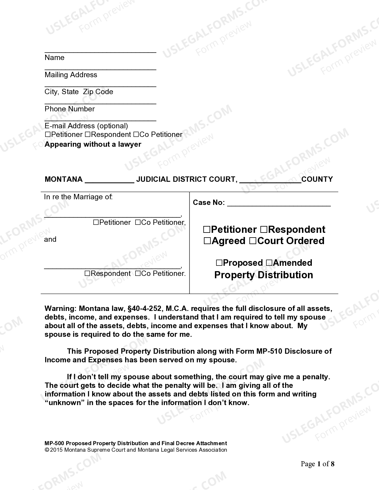 Montana Final Declaration of Disclosure of Assets, Debts, and