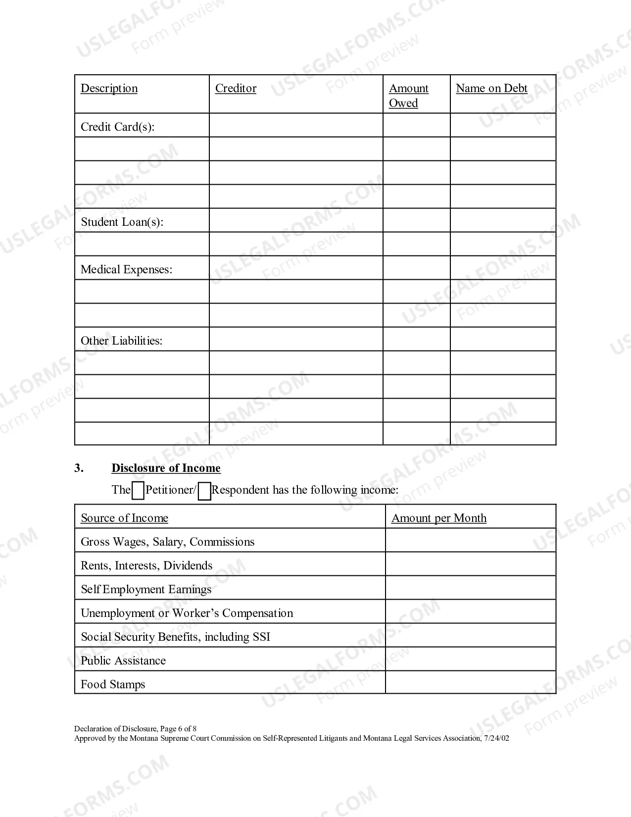 Preview Petitioner's Preliminary Declaration of Disclosure of Assets, Debts, Income and Expenses