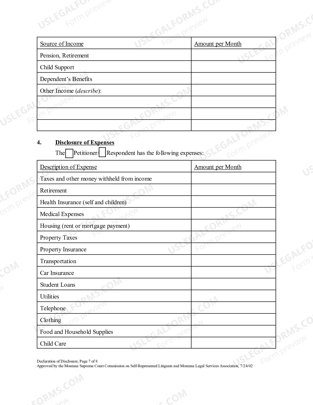 Preview Petitioner's Preliminary Declaration of Disclosure of Assets, Debts, Income and Expenses