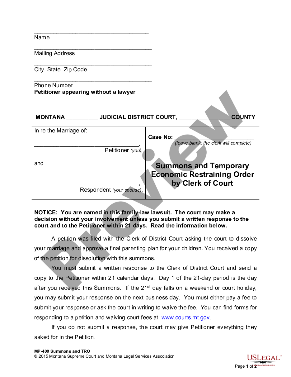 page 0 Summons and Temporary Economic Restraining Order preview