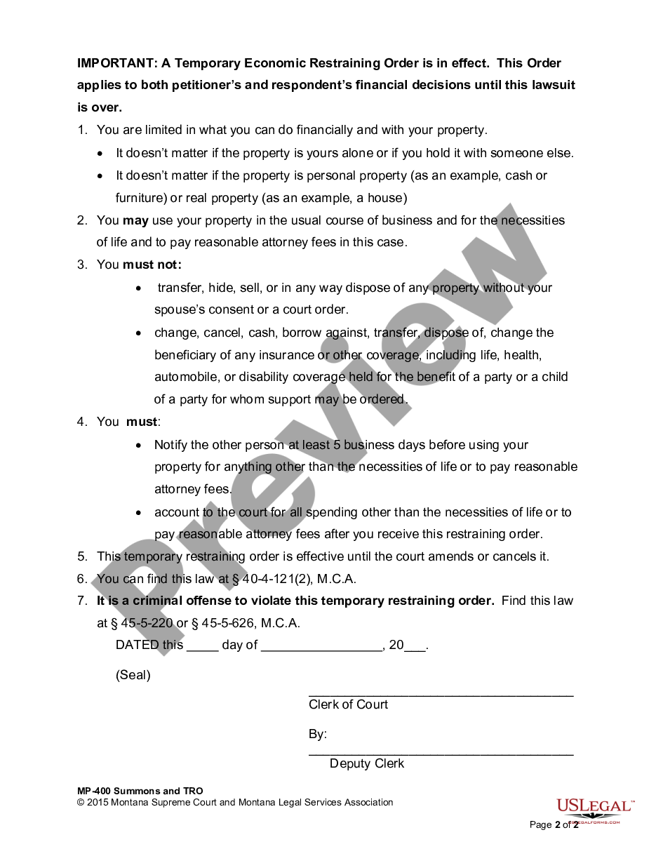 page 1 Summons and Temporary Economic Restraining Order preview