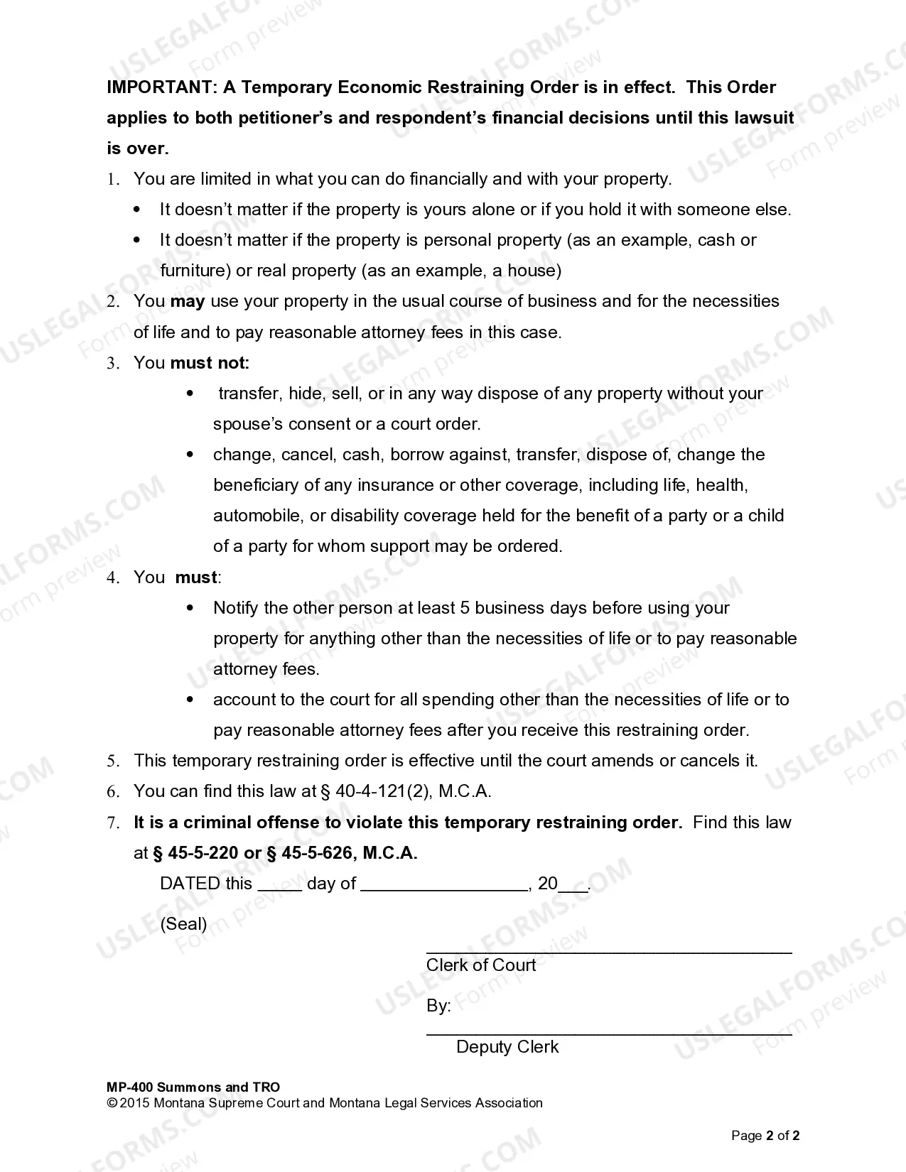 Preview Summons and Temporary Economic Restraining Order
