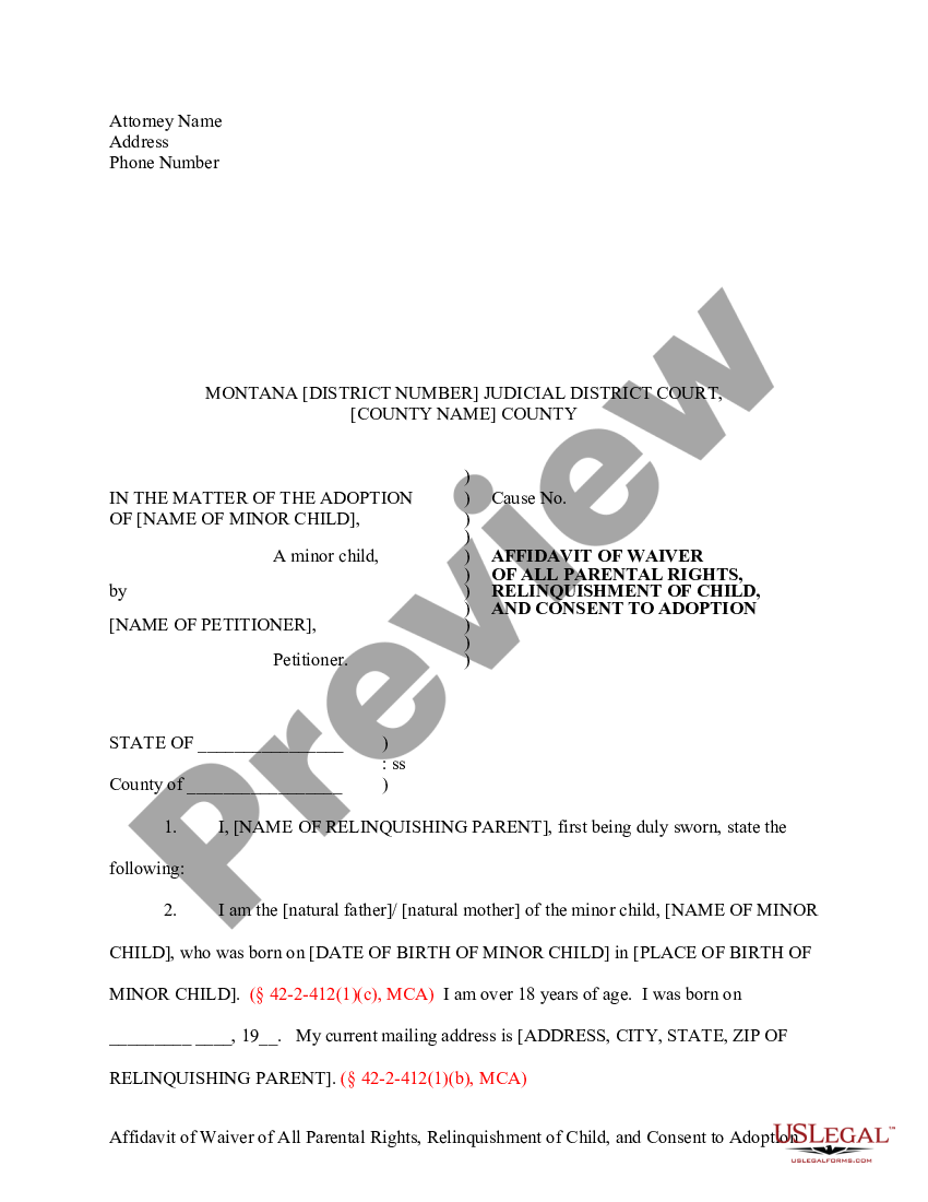 montana affidavit of waiver of all parental rights relinquishment of child and consent of adoption voluntary relinquishment of parental rights form montana us legal forms