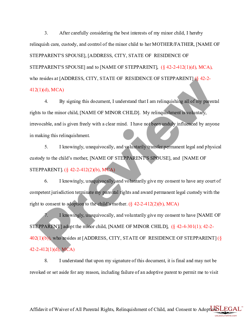 montana affidavit of waiver of all parental rights relinquishment of child and consent of adoption voluntary termination of parental rights montana us legal forms