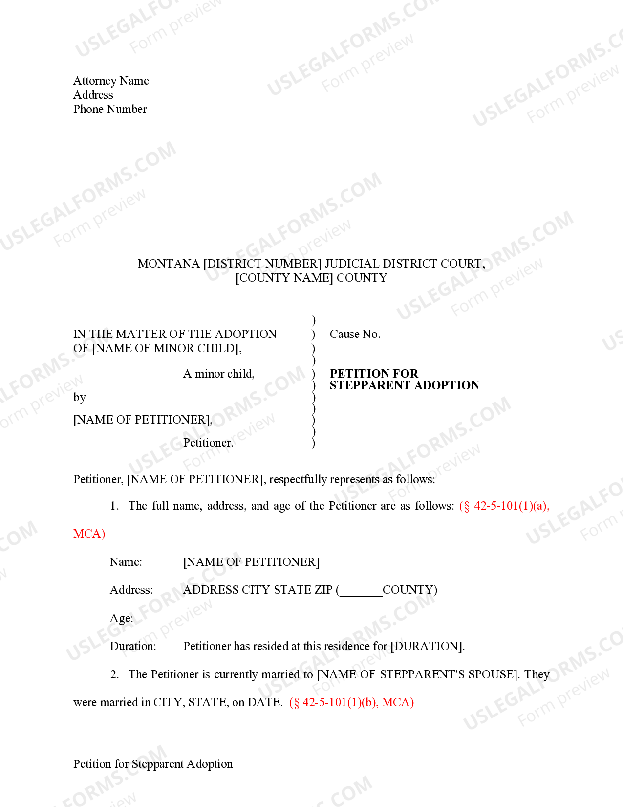 Montana Petition for Stepparent Adoption Montana Stepparent Adoption