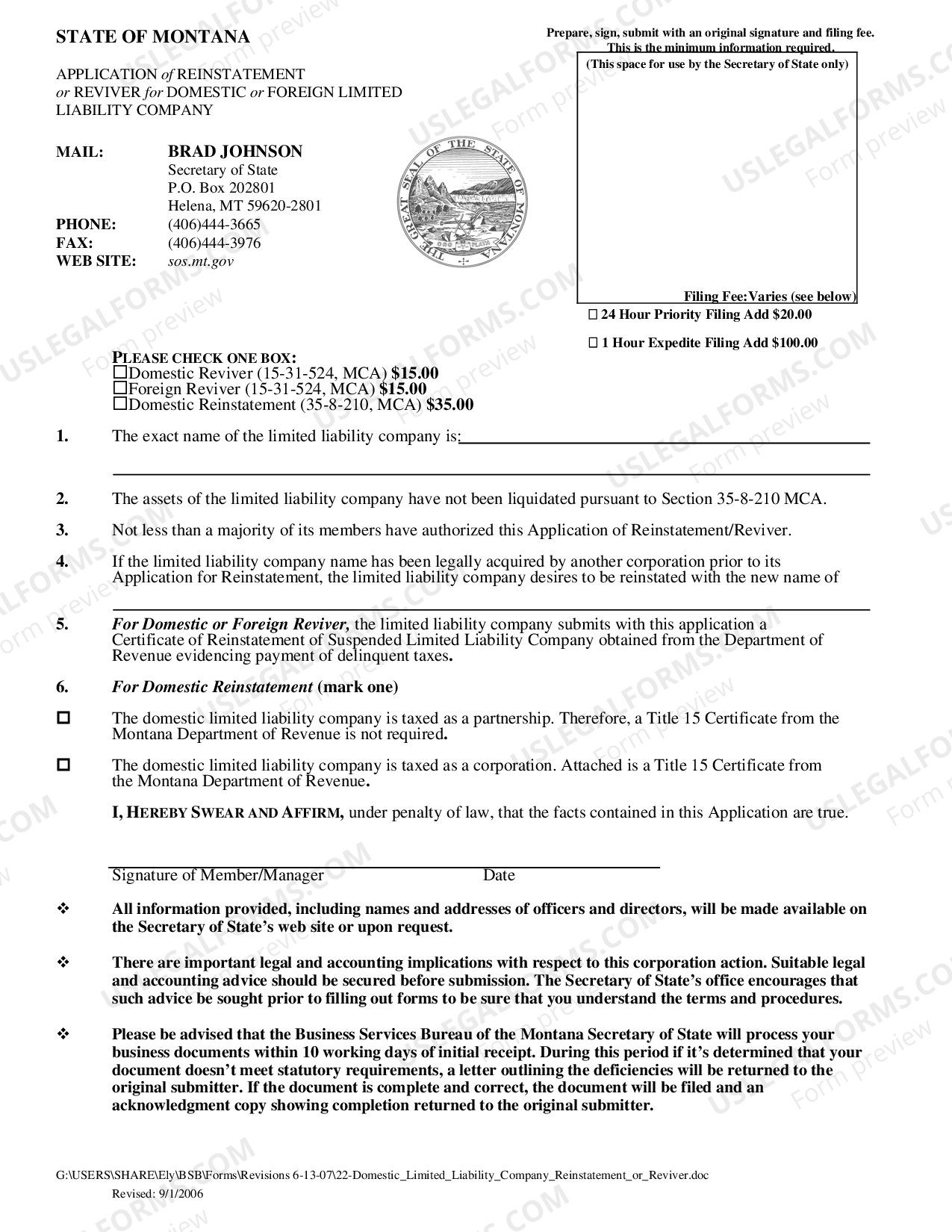 Montana Application or Reinstatement or Reviver for Domestic or Foreign ...