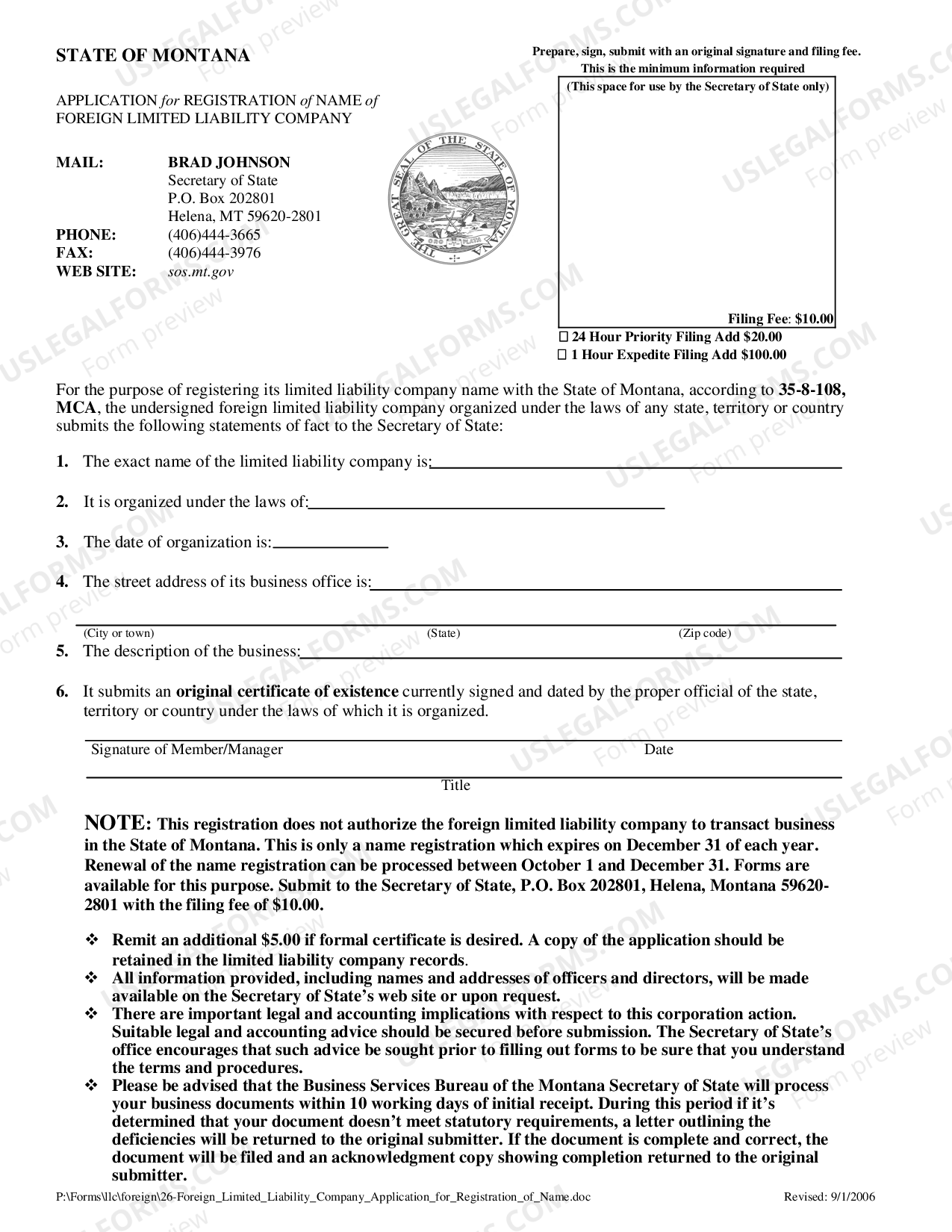 Montana Application for Registration of Name of Foreign Limited ...