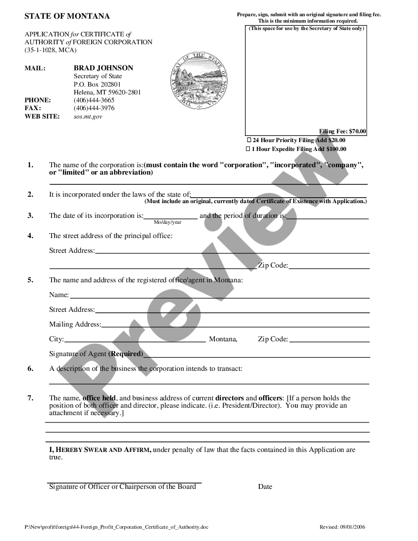 Montana Application For Certificate Of Authority Us Legal Forms 4573