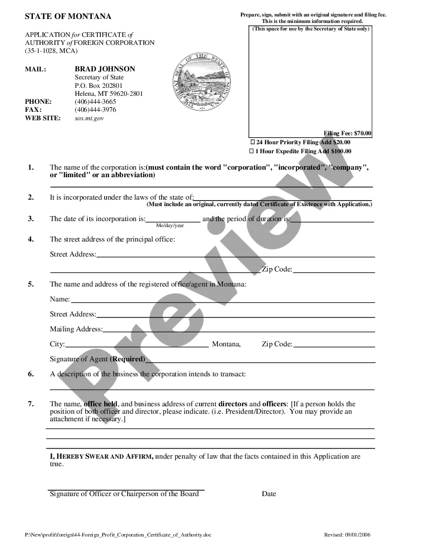 Montana Application For Certificate Of Authority Of Foreign Corporation ...