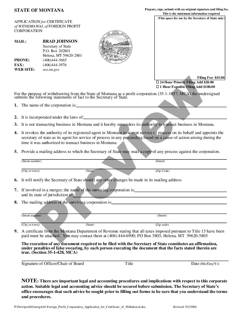 Montana Application for Certificate of Withdrawal of Foreign ...