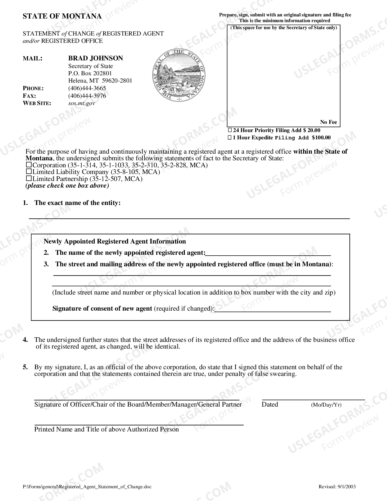 Montana Statement of Change of Registered Agent and/or Registered