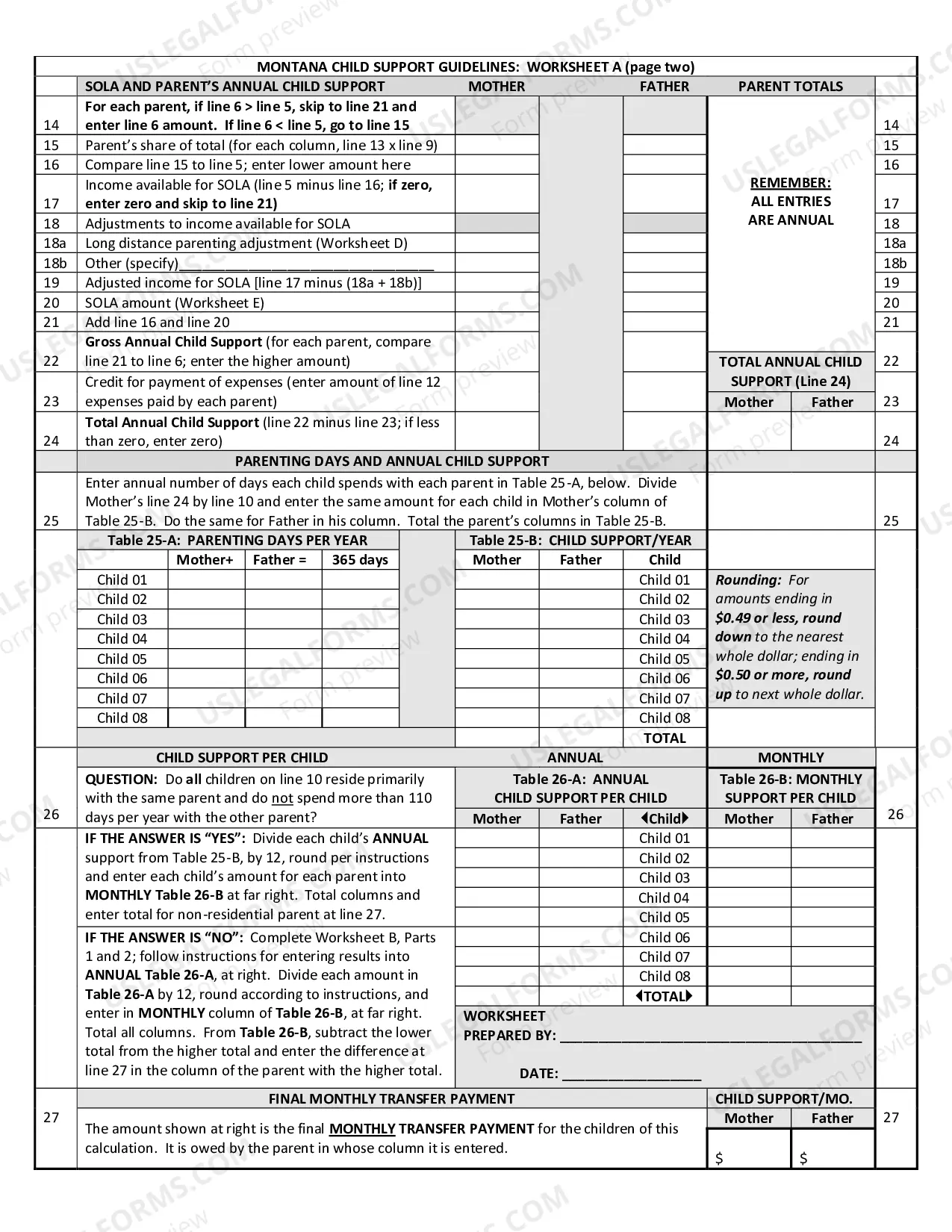 Preview Montana Child Support Guidelines - Worksheet A