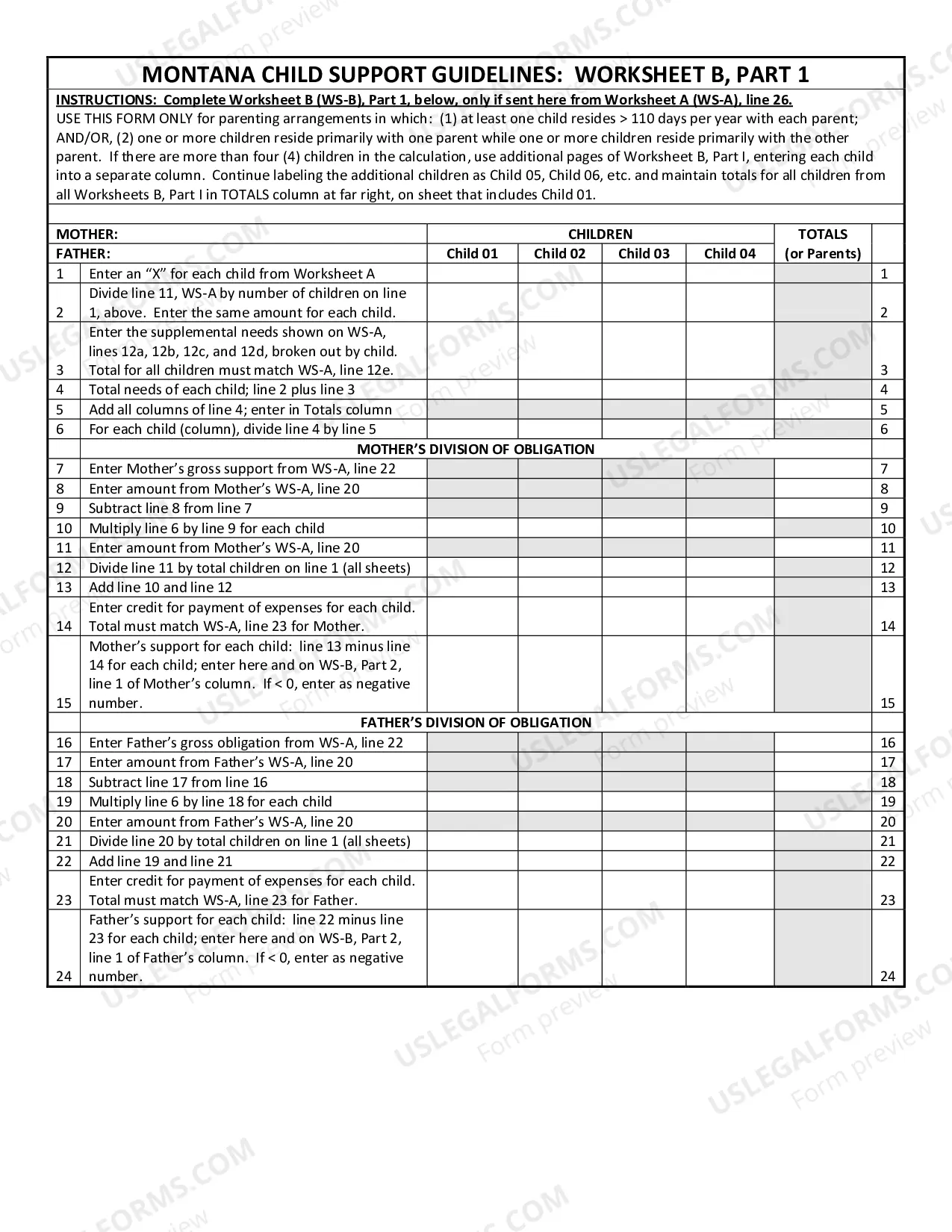 Preview Montana Child Support Guidelines - Worksheet A