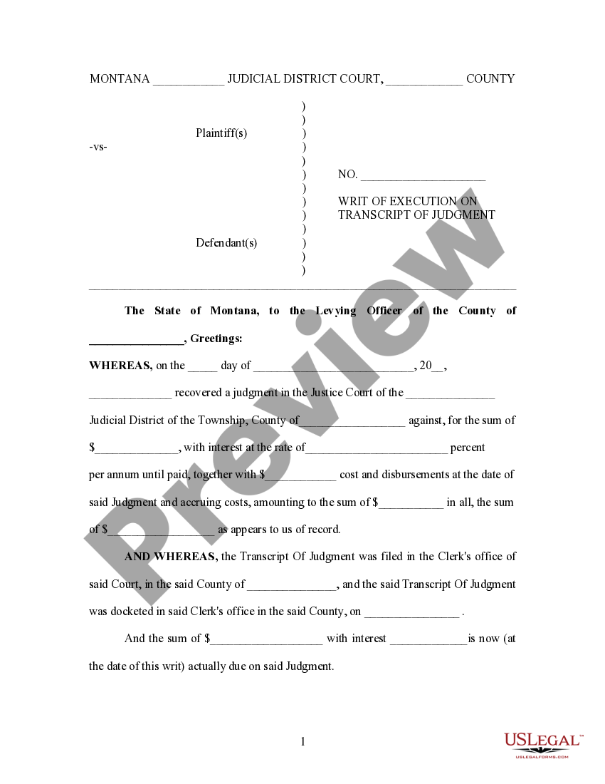 Montana Writ of Execution on Transcript of Judgment | US Legal Forms