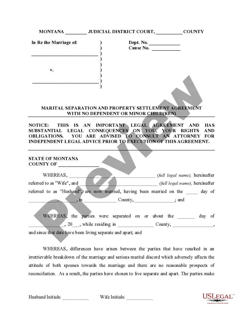 Preview Marital Domestic Separation and Property Settlement Agreement for persons with No Children, No Joint Property or Debts where Divorce Action Filed