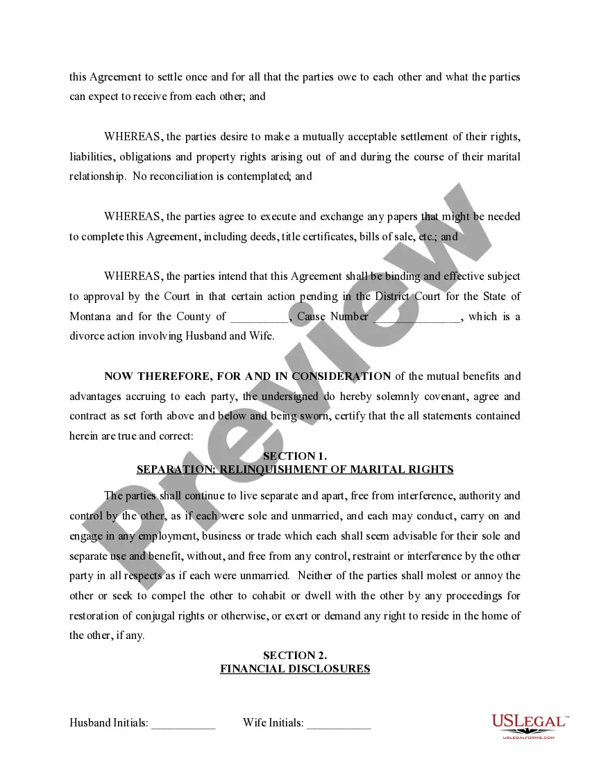 Preview Marital Domestic Separation and Property Settlement Agreement for persons with No Children, No Joint Property or Debts where Divorce Action Filed