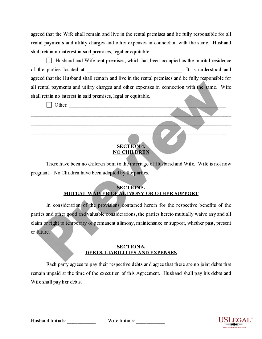 Preview Marital Domestic Separation and Property Settlement Agreement for persons with No Children, No Joint Property or Debts where Divorce Action Filed