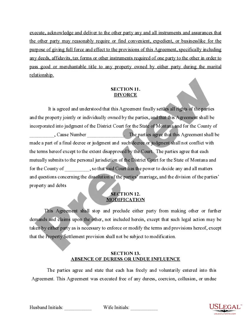 Preview Marital Domestic Separation and Property Settlement Agreement for persons with No Children, No Joint Property or Debts where Divorce Action Filed