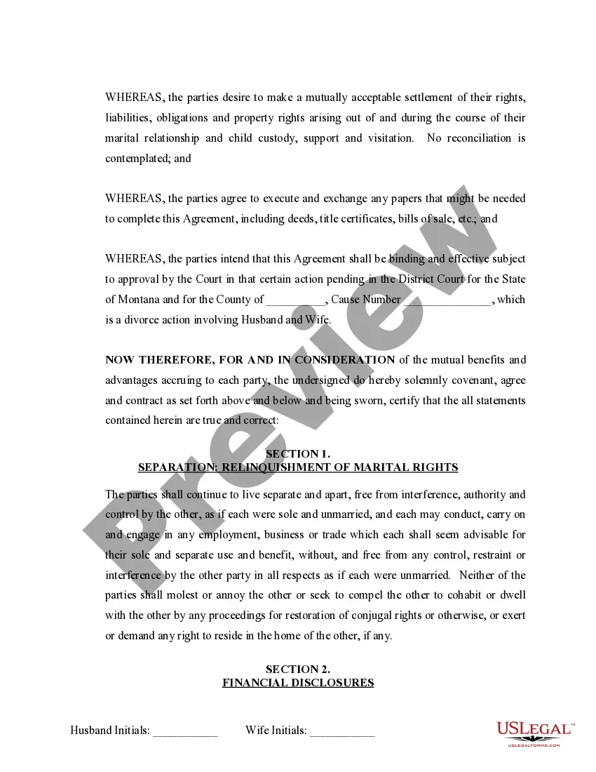 Preview Marital Domestic Separation and Property Settlement Agreement Minor Children no Joint Property or Debts where Divorce Action Filed