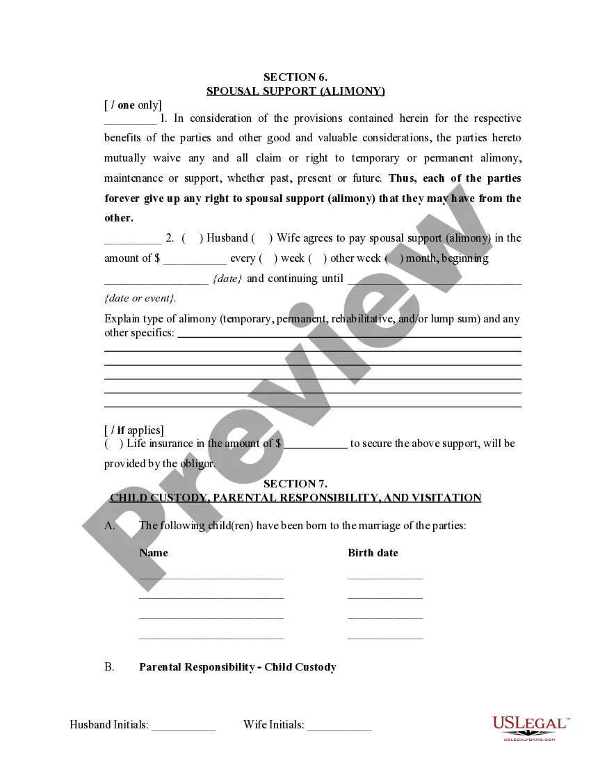 Preview Marital Domestic Separation and Property Settlement Agreement Minor Children no Joint Property or Debts where Divorce Action Filed