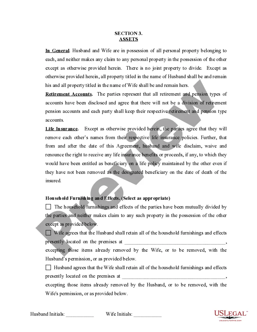 Preview Marital Domestic Separation and Property Settlement Agreement Minor Children no Joint Property or Debts effective Immediately