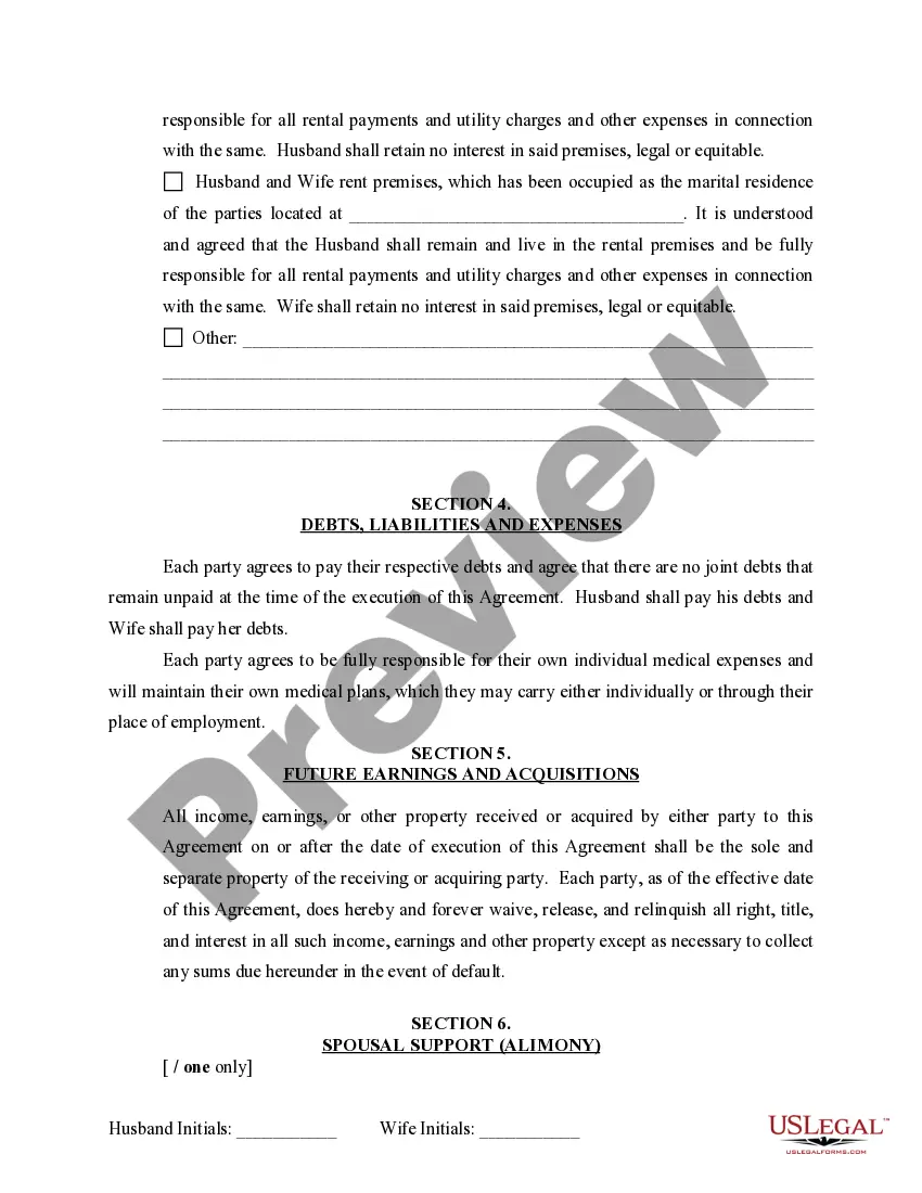 Preview Marital Domestic Separation and Property Settlement Agreement Minor Children no Joint Property or Debts effective Immediately