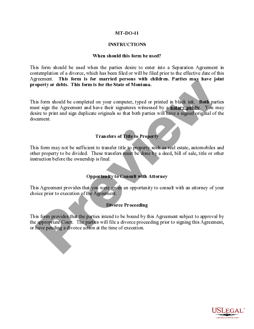 Montana Marital Domestic Separation and Property Settlement Agreement