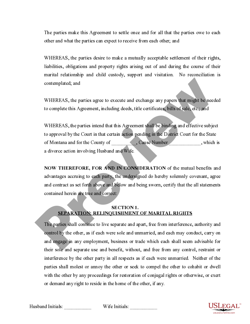 Montana Marital Domestic Separation and Property Settlement Agreement