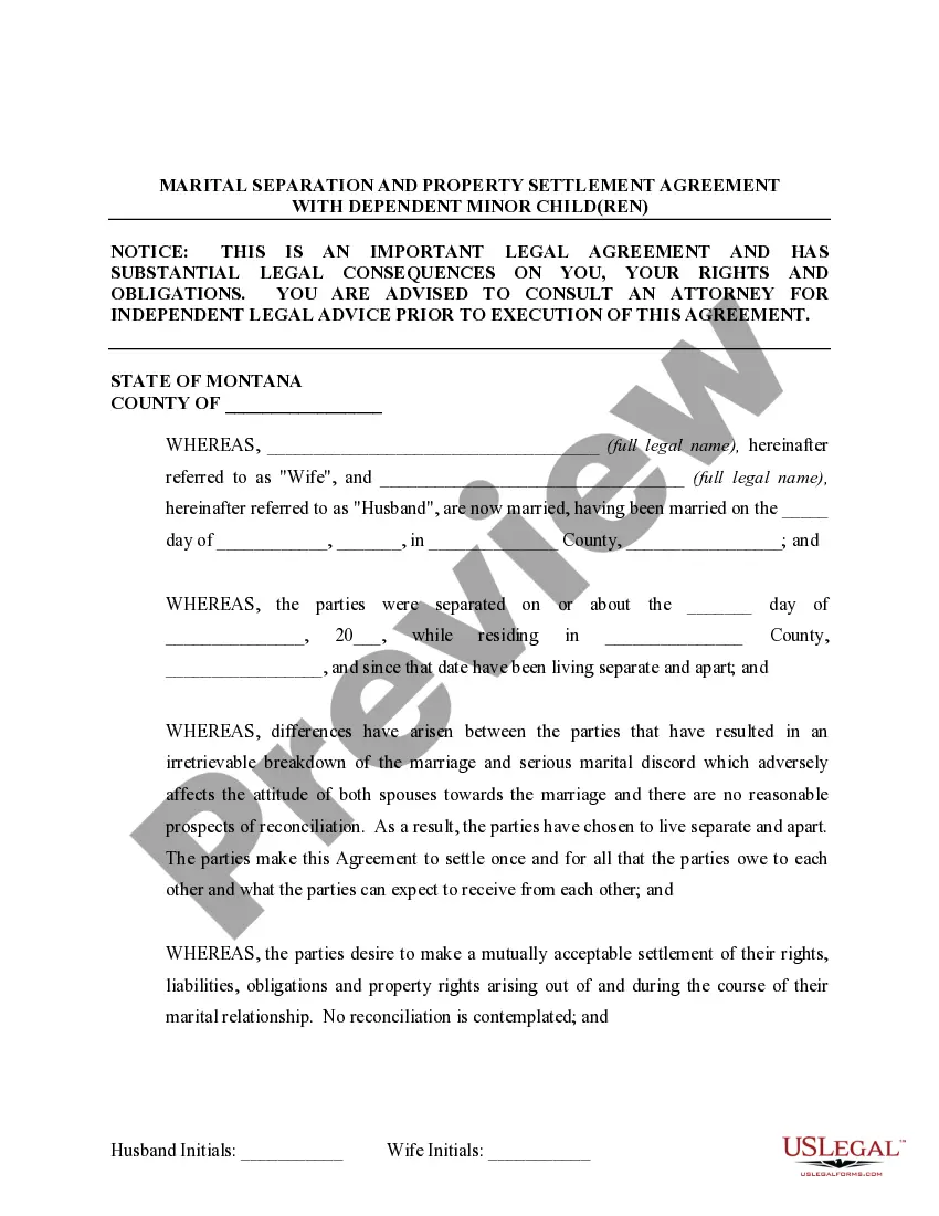 Preview Marital Domestic Separation and Property Settlement Agreement Minor Children Parties May have Joint Property or Debts effective Immediately