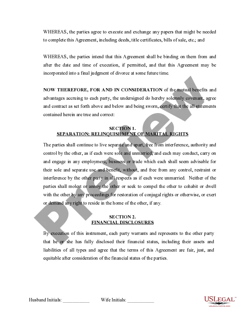 Preview Marital Domestic Separation and Property Settlement Agreement Minor Children Parties May have Joint Property or Debts effective Immediately