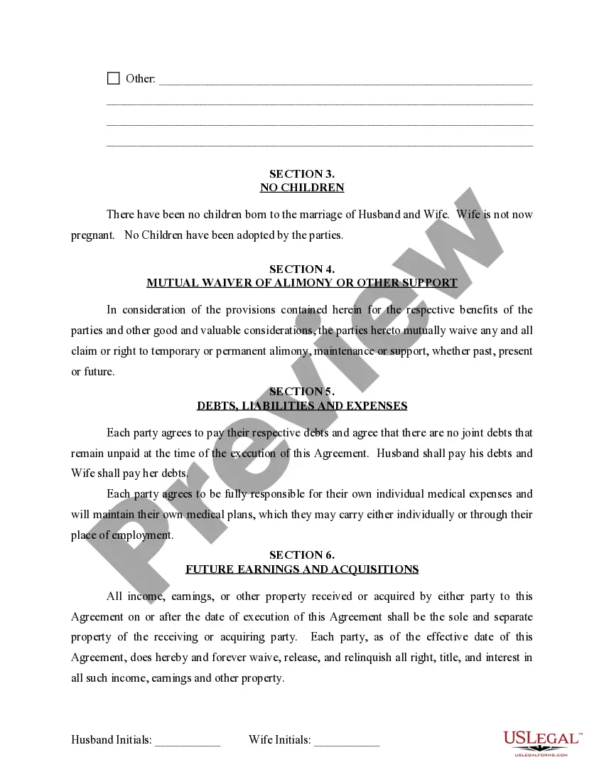 Preview Marital Domestic Separation and Property Settlement Agreement for persons with no Children, no Joint Property, or Debts Effective Immediately