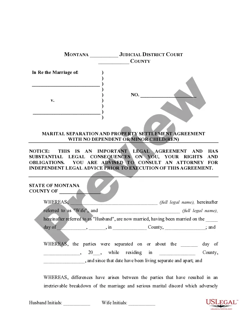 Preview Marital Domestic Separation and Property Settlement Agreement no Children parties may have Joint Property or Debts where Divorce Action Filed