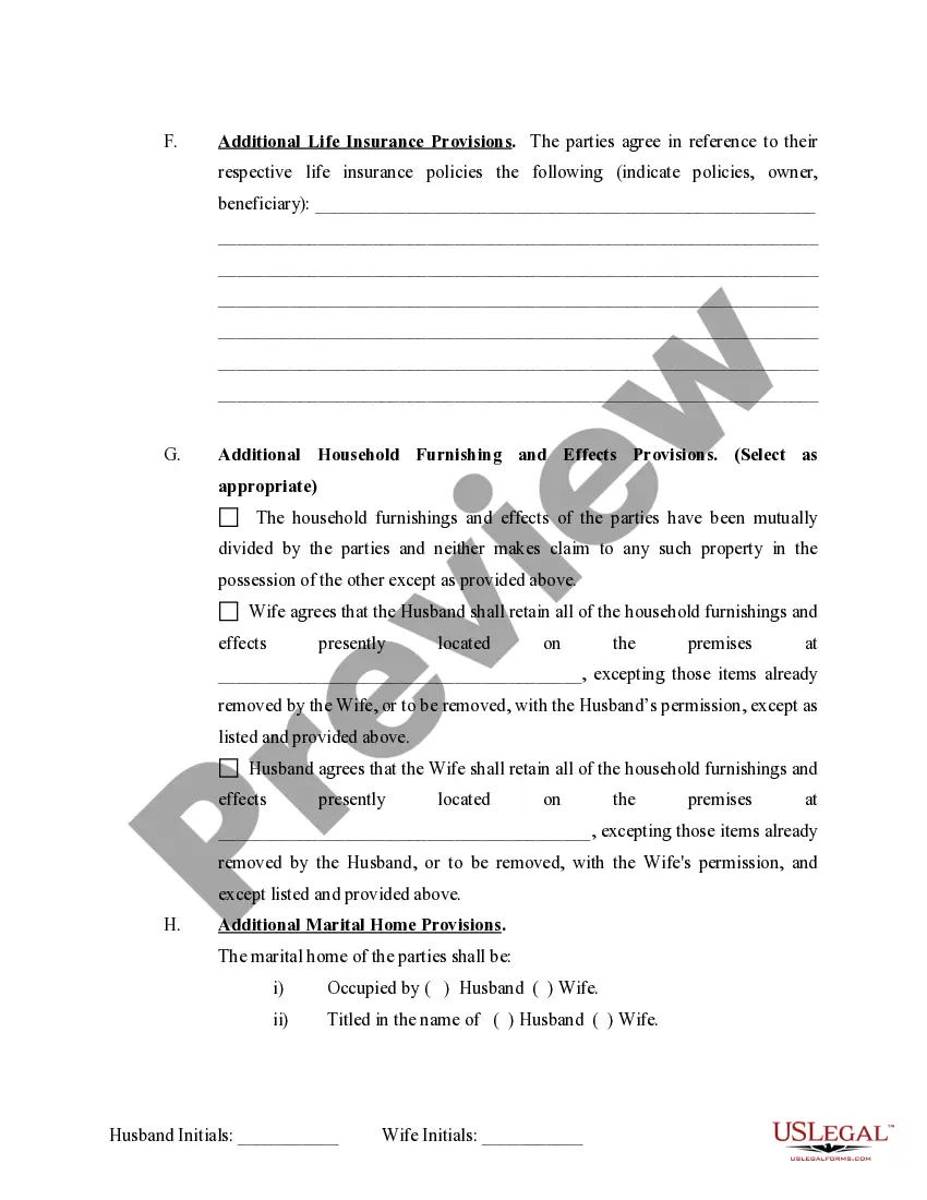 Preview Marital Domestic Separation and Property Settlement Agreement no Children parties may have Joint Property or Debts where Divorce Action Filed