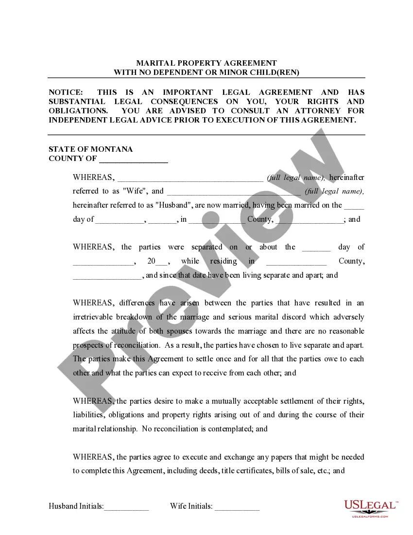 Preview Marital Domestic Separation and Property Settlement Agreement no Children parties may have Joint Property or Debts Effective Immediately