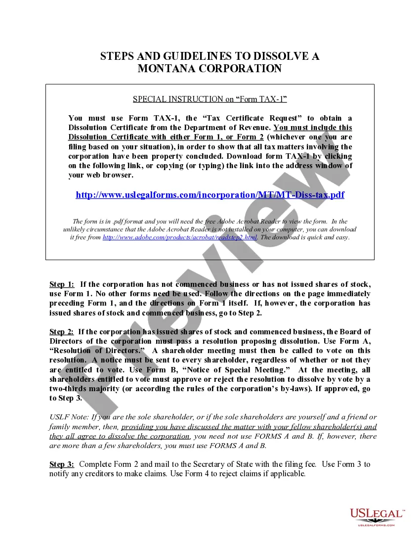 Get Montana Dissolution Package to Dissolve Corporation Preview Montana Dissolution Package to Dissolve Corporation