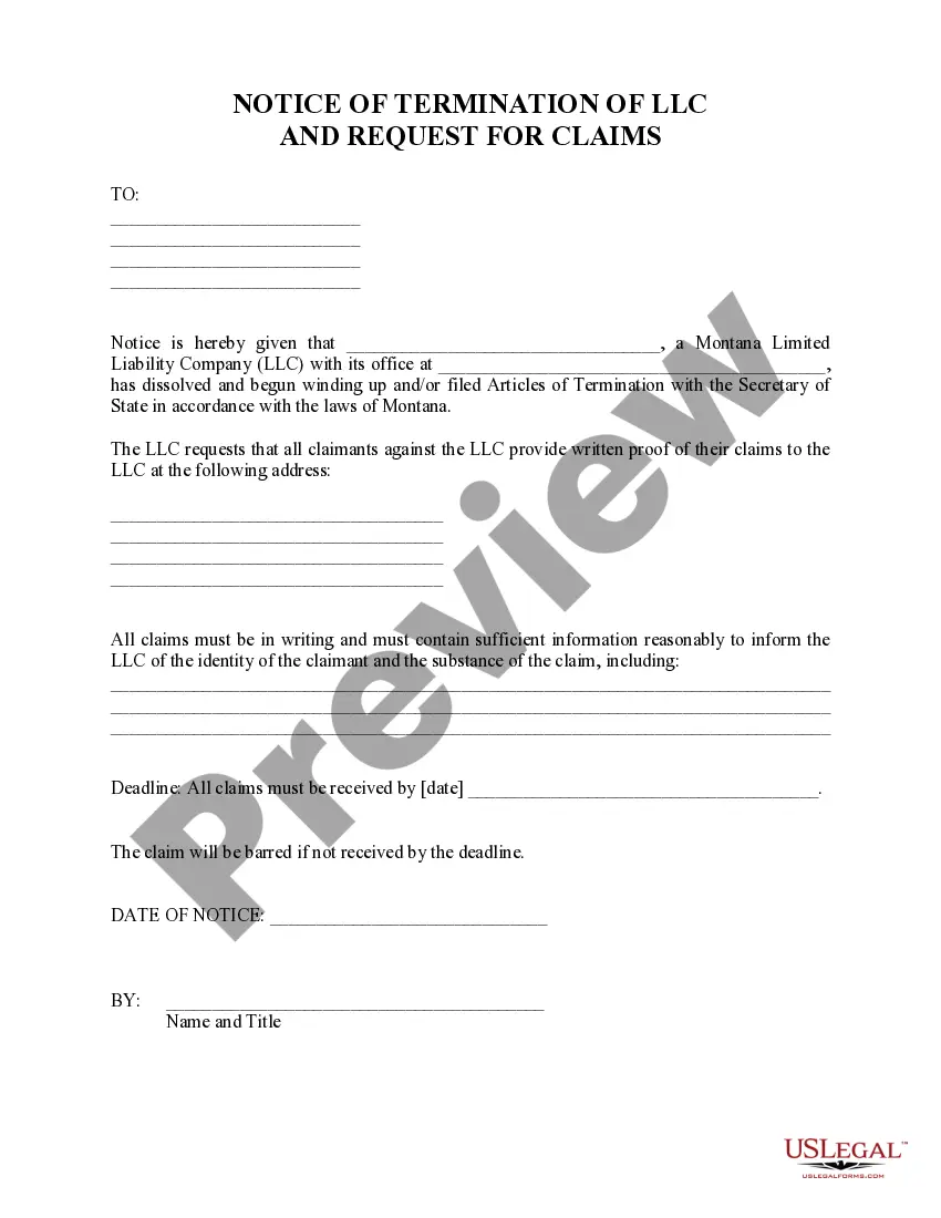 Get Montana Dissolution Package to Dissolve Limited Liability Company LLC Preview Montana Dissolution Package to Dissolve Limited Liability Company LLC