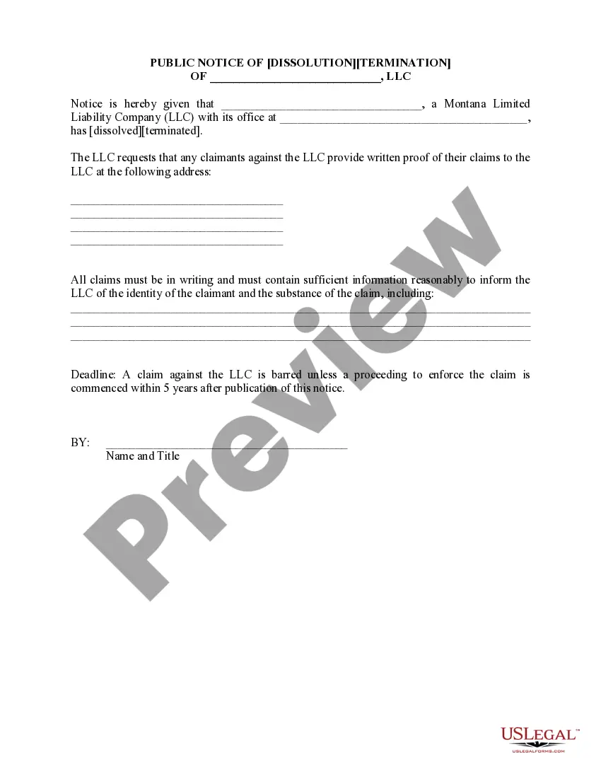 Get Montana Dissolution Package to Dissolve Limited Liability Company LLC Preview Montana Dissolution Package to Dissolve Limited Liability Company LLC