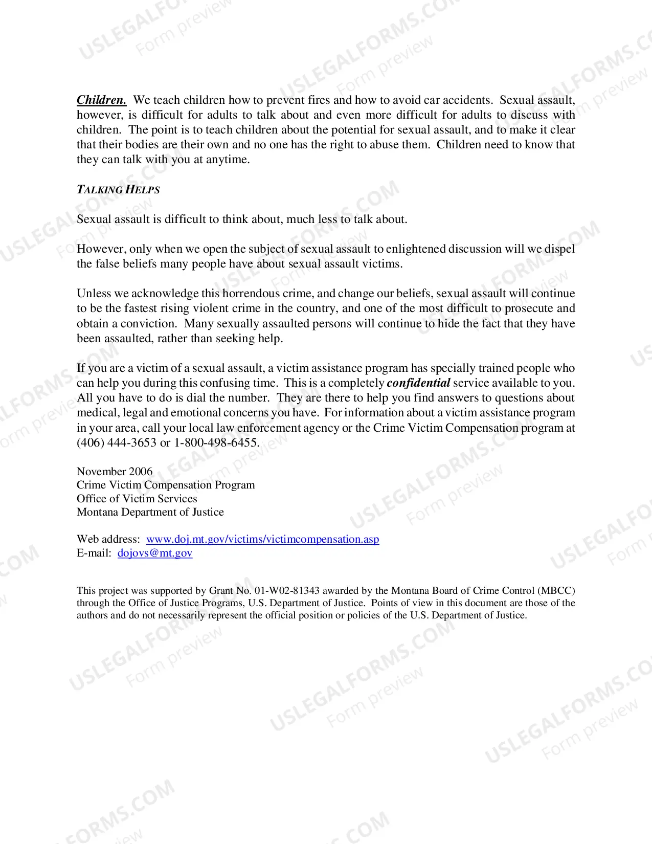 Preview Talking Helps - Information for Victims of Sexual Assault