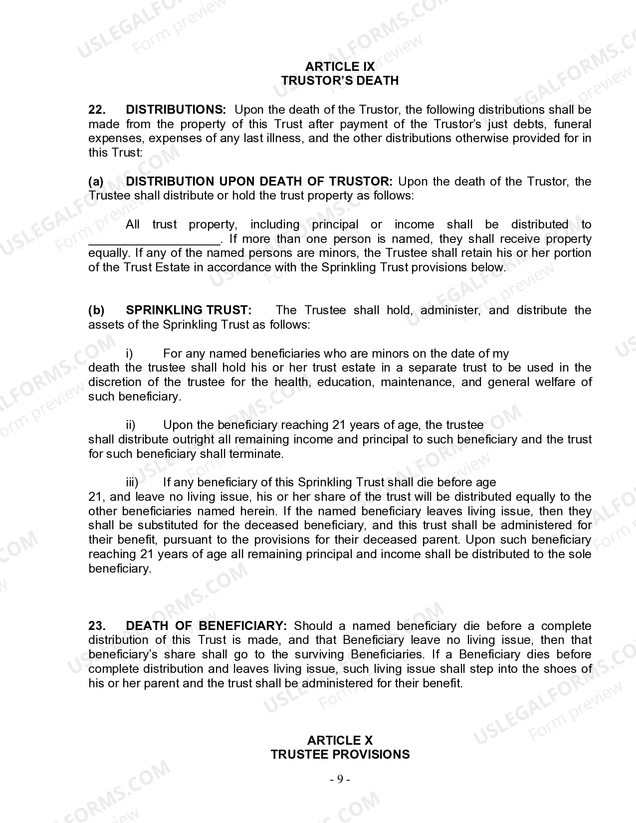 Preview Living Trust for Individual Who is Single, Divorced or Widow (or Widower) with No Children