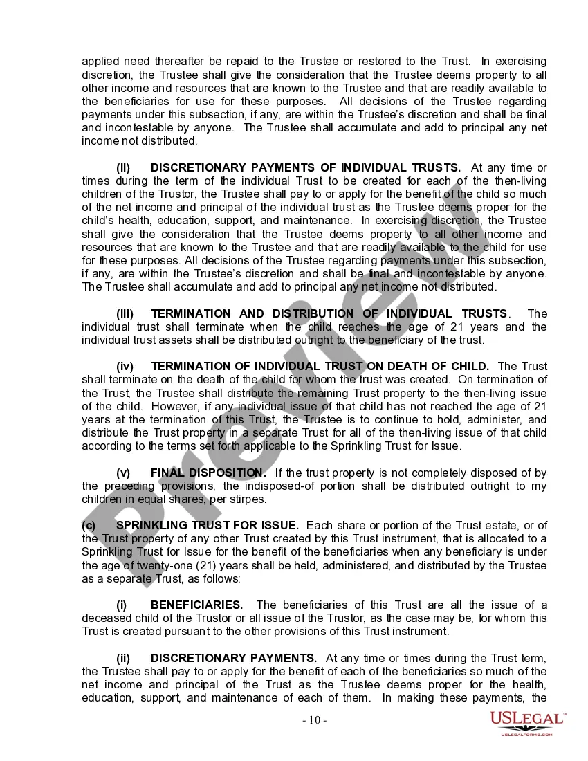 Preview Living Trust for Individual Who is Single, Divorced or Widow (or Widower) with Children