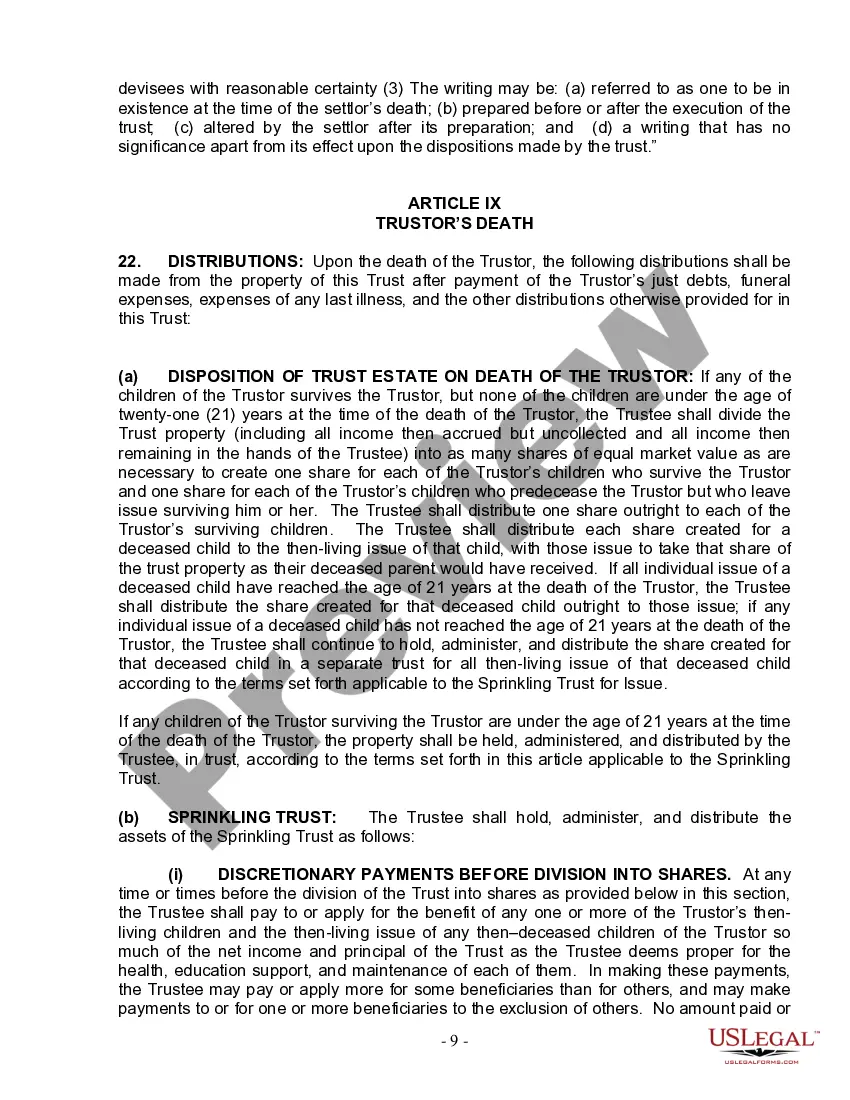 Preview Living Trust for Individual Who is Single, Divorced or Widow (or Widower) with Children