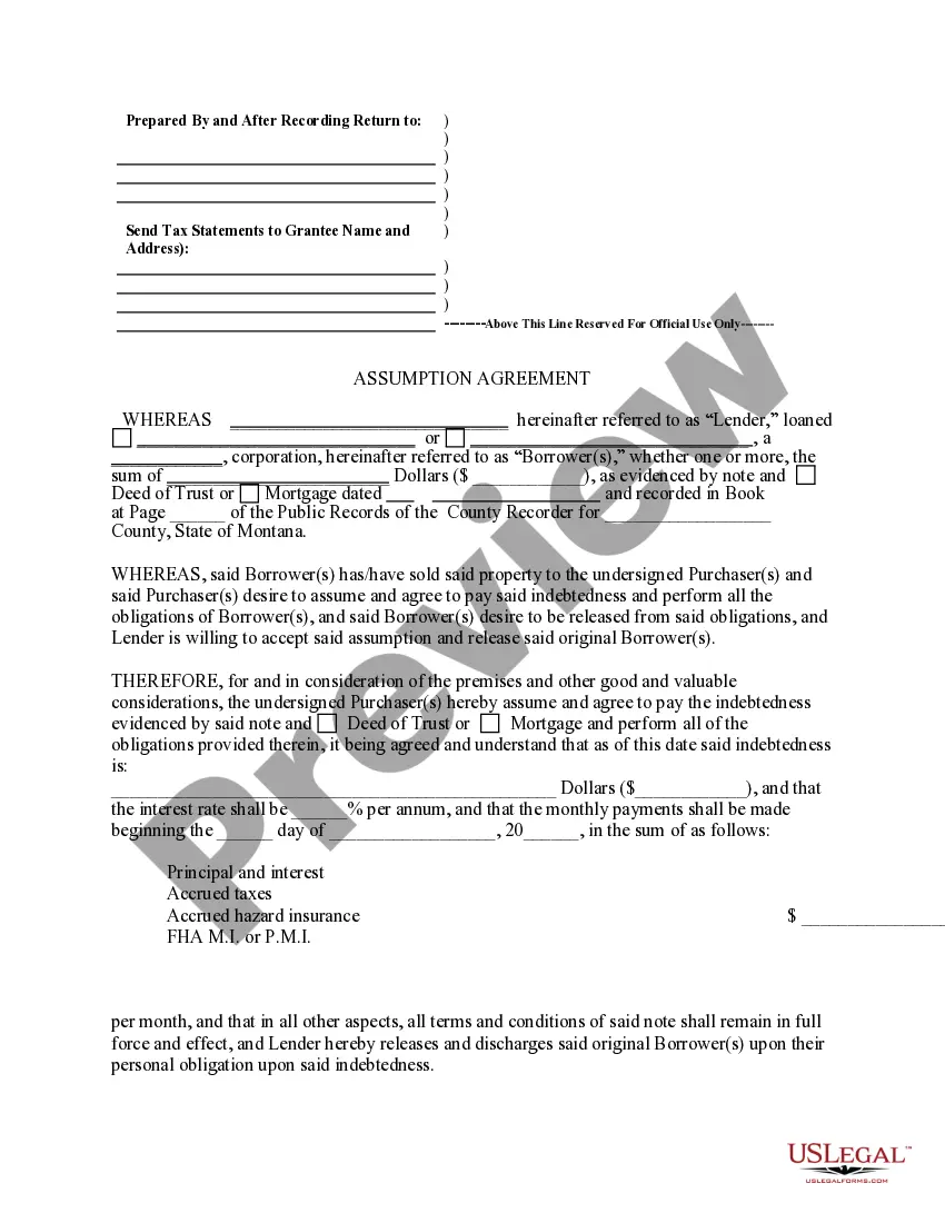 Preview Assumption Agreement of Deed of Trust and Release of Original Mortgagors