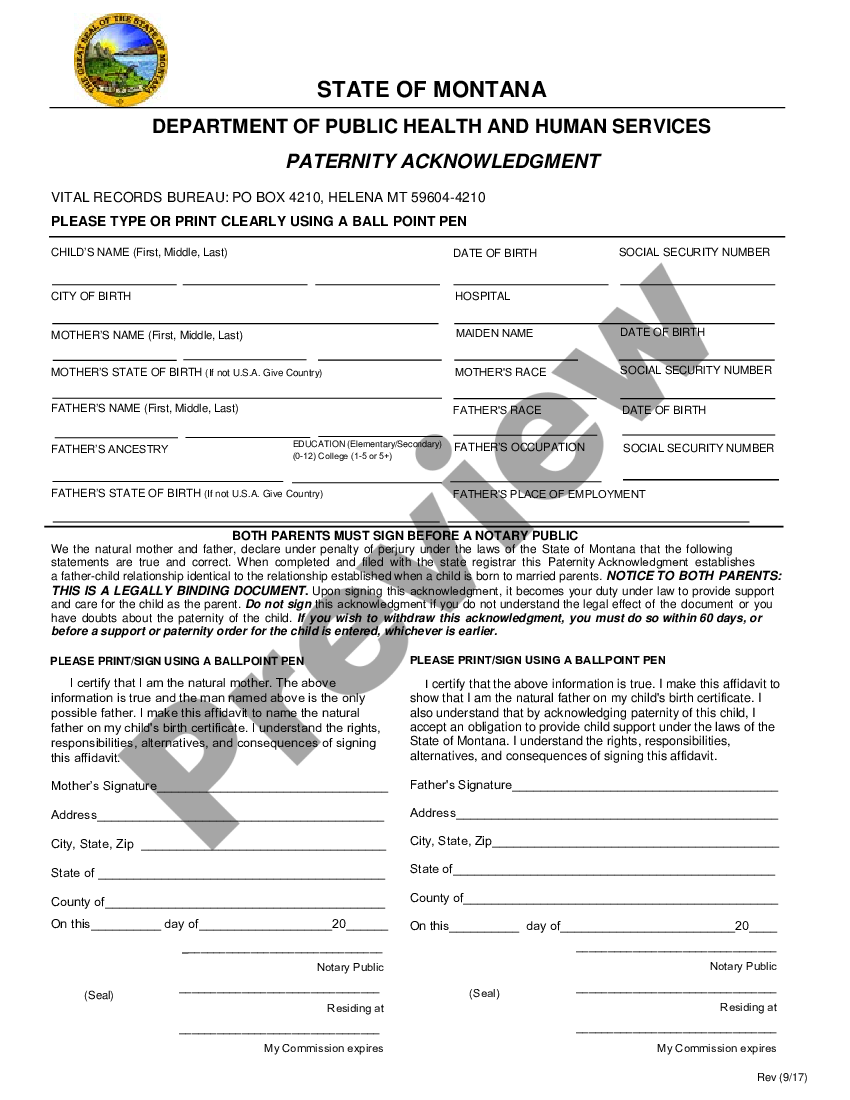 Montana Paternity Acknowledgment Us Legal Forms 4791
