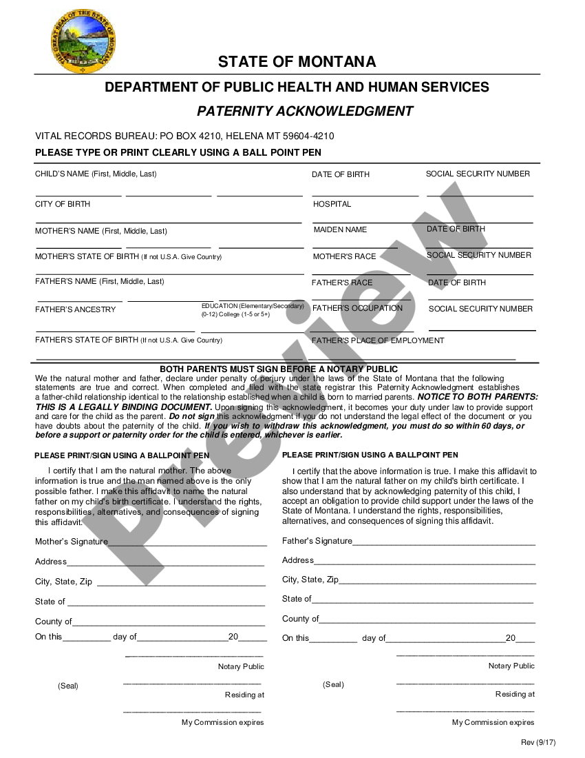 Montana Paternity Acknowledgment Us Legal Forms 5067