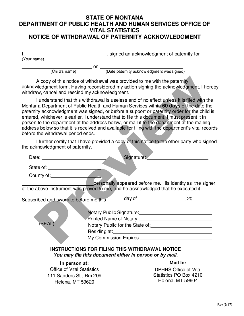 Montana Paternity Acknowledgment | US Legal Forms