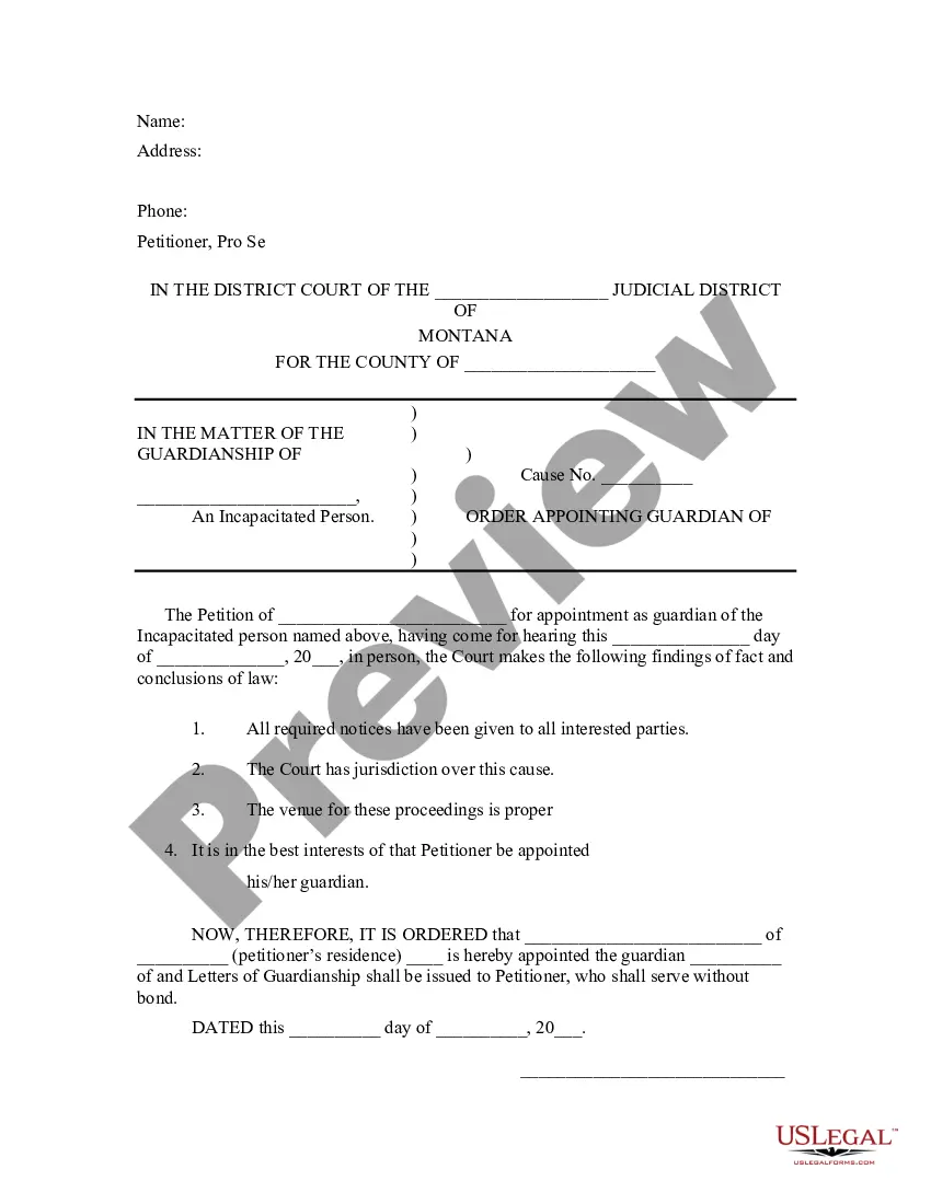 Montana Order Appointing Guardian | US Legal Forms