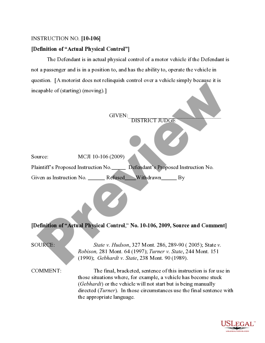 Montana Definition Of Actual Physical Control US Legal Forms